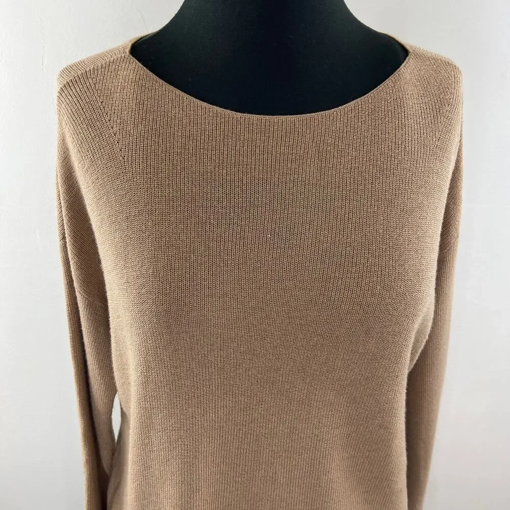 EILEEN FISHER Tan Camel Merino Wool Wide Neck Asymmetrical Pullover Sweater PS